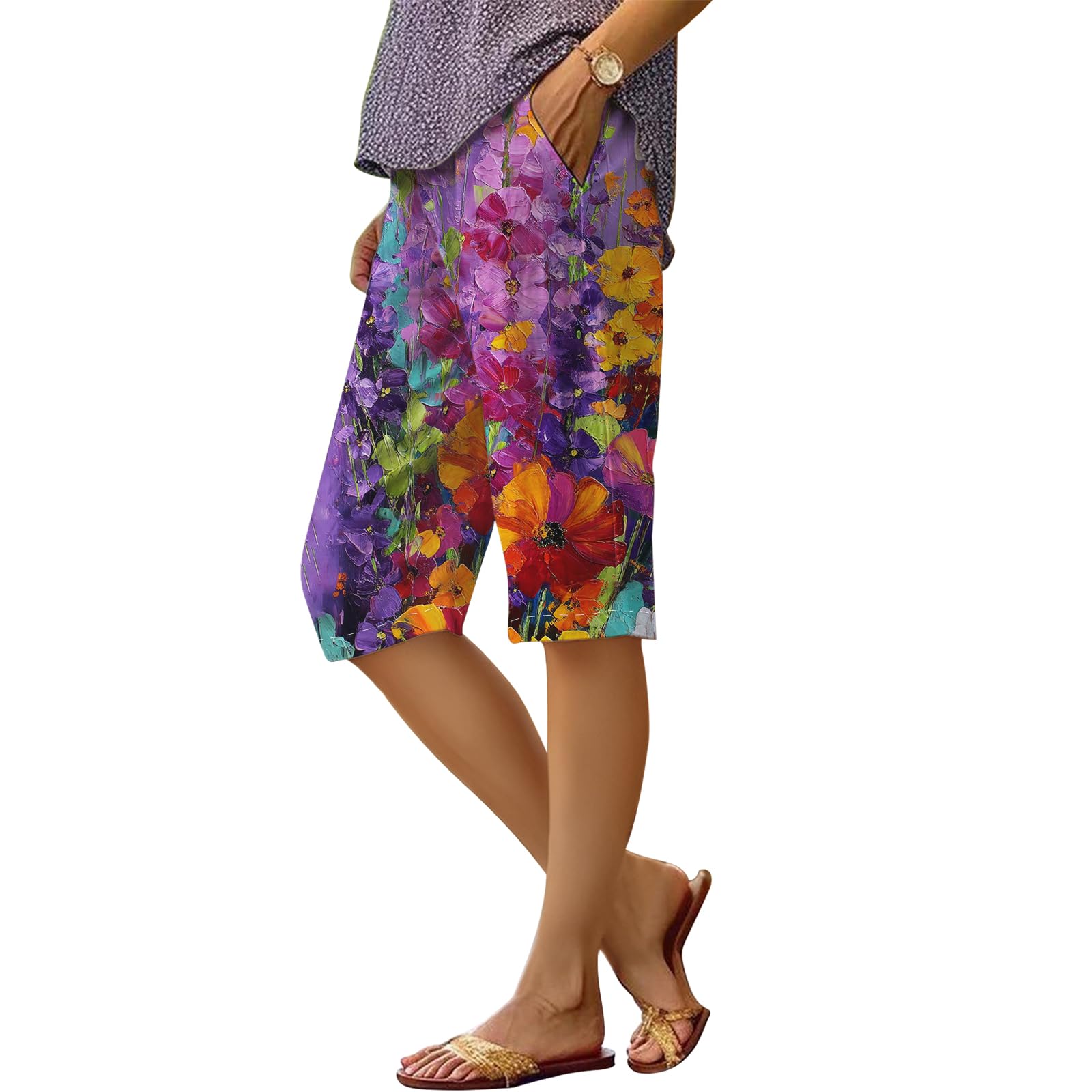 Shorts Dmoyala Com Estampa Floral De Linho, Cintura Alta, Roxos, 3gg, Femininos