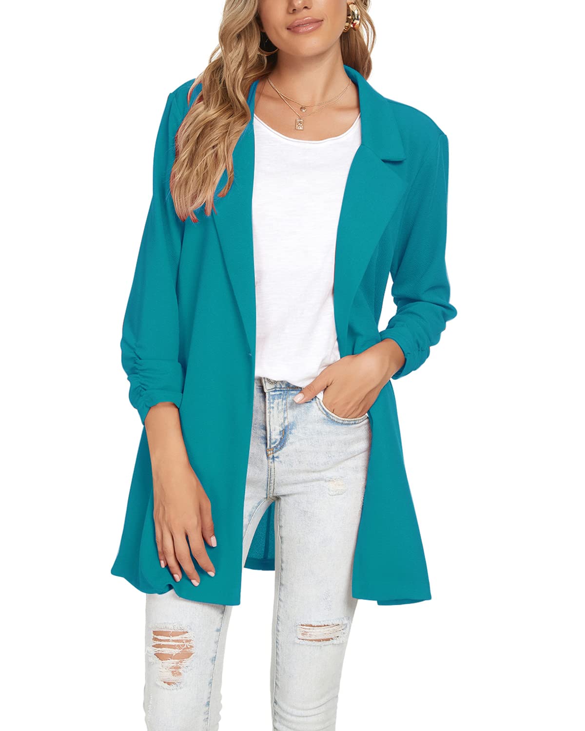 Blazer Unifizz Feminino De Manga 3/4 Com Frente Aberta, Turquesa, Gg