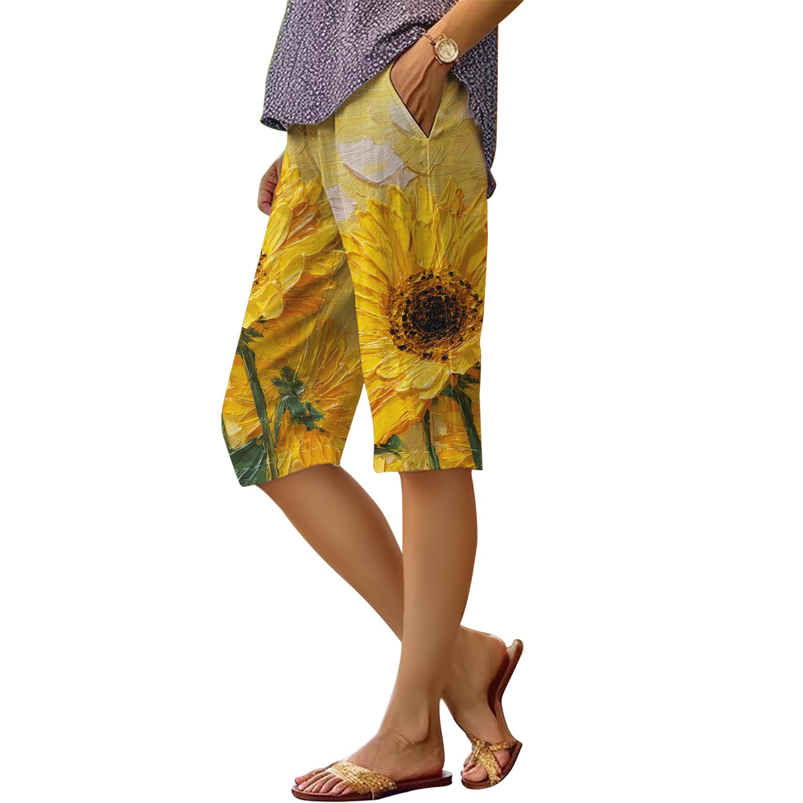 Shorts Dmoyala Com Estampa Floral De Linho, Cintura Alta, Perna Reta