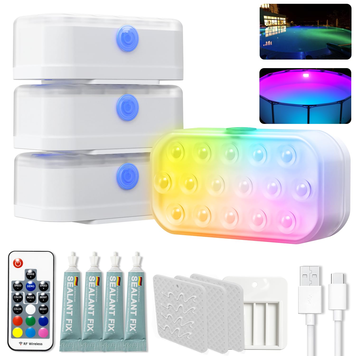 Luzes De Piscina Sotipevs, Led Recarregável Atualizado, Pacote Com 4