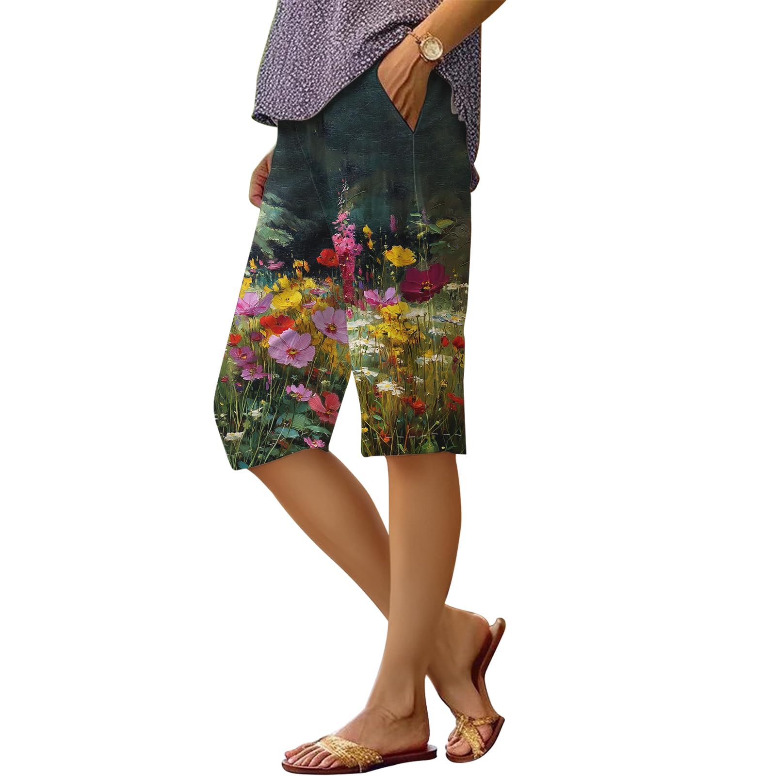 Shorts Dmoyala Com Estampa Floral De Linho, Cintura Alta, Perna Reta, 2gg