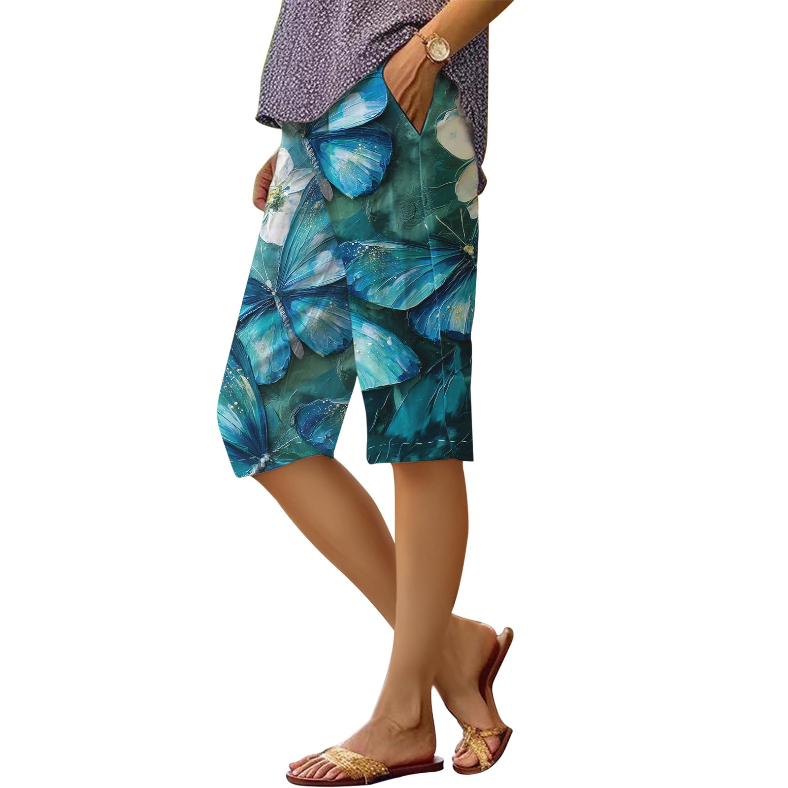 Shorts Dmoyala, Linho, Estampa Floral, Azul, Cintura Alta, 3gg, Femininos