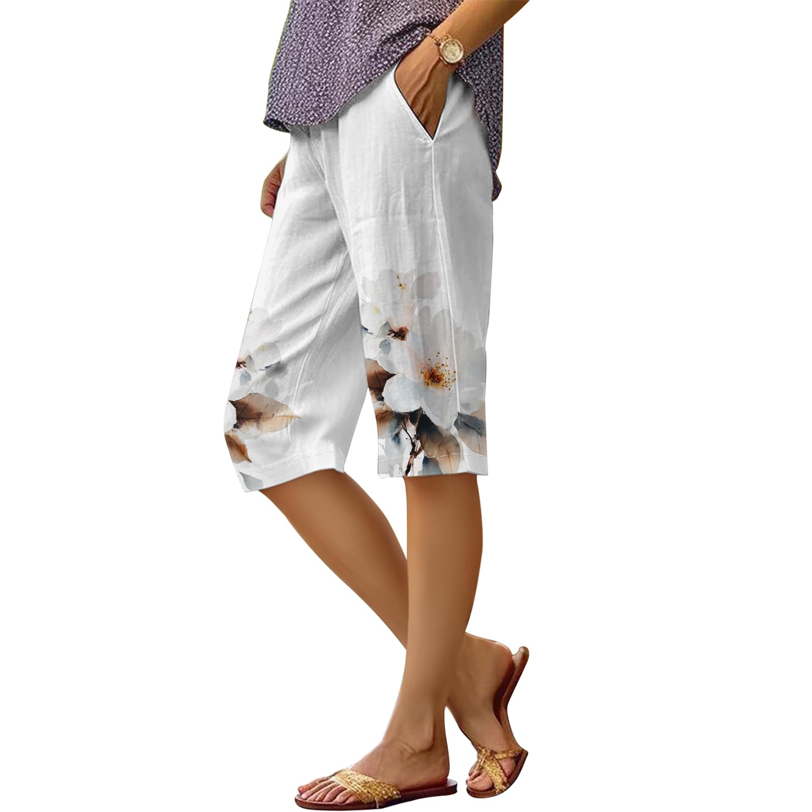 Shorts Dmoyala Com Estampa Floral, Linho, Bermuda, Comprimento Do Joelho, 2gg, Mulheres