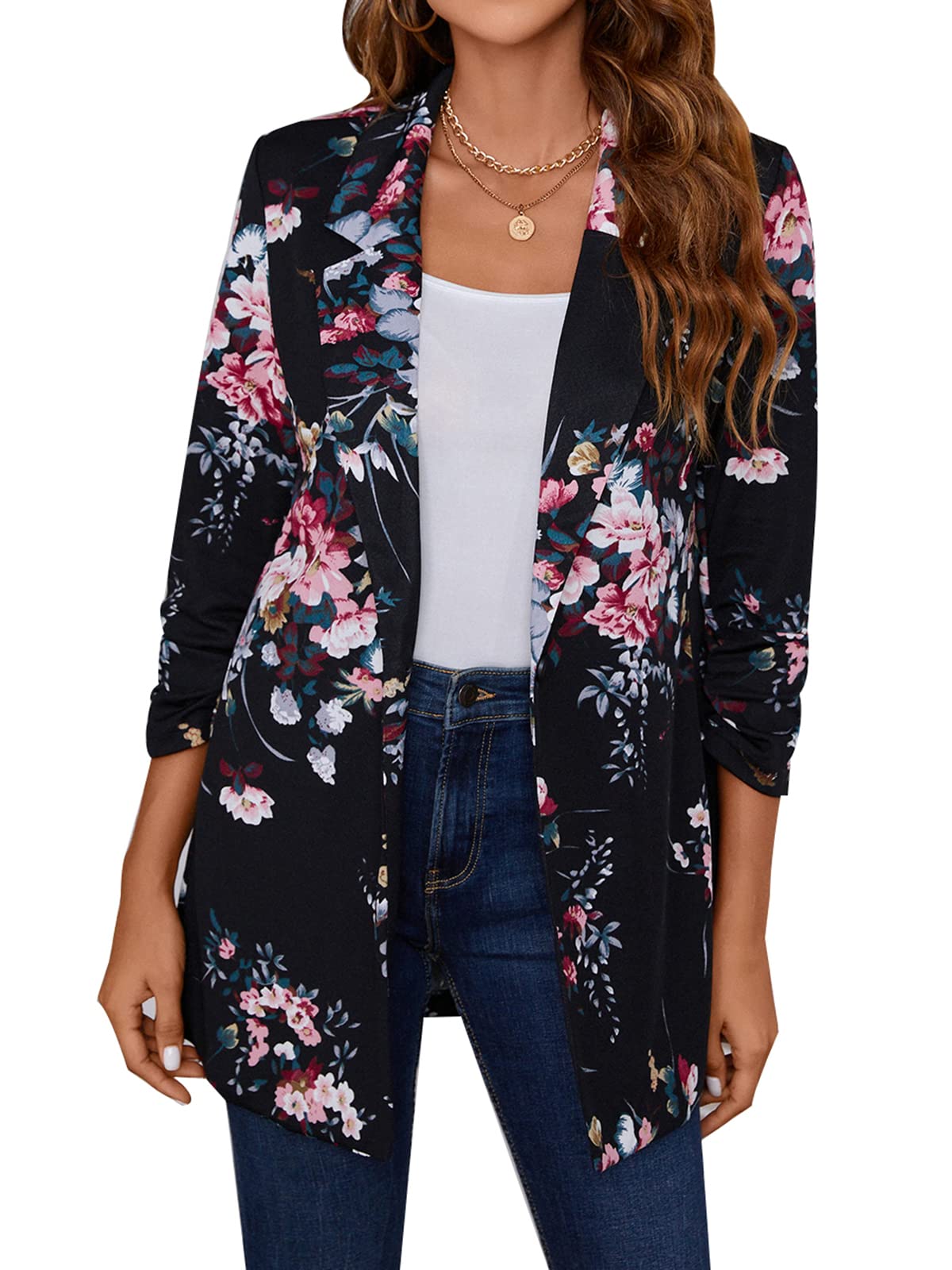 Blazer Unifizz Feminino Leve, Aberto, Frontal, Floral, Preto, S