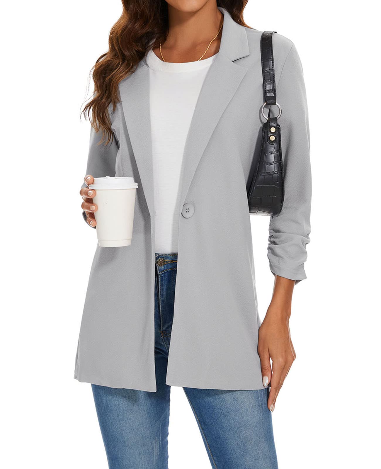 Blazer Feminino Unifizz, Franzido, Manga 3/4, Com Um Botão, Cinza Claro