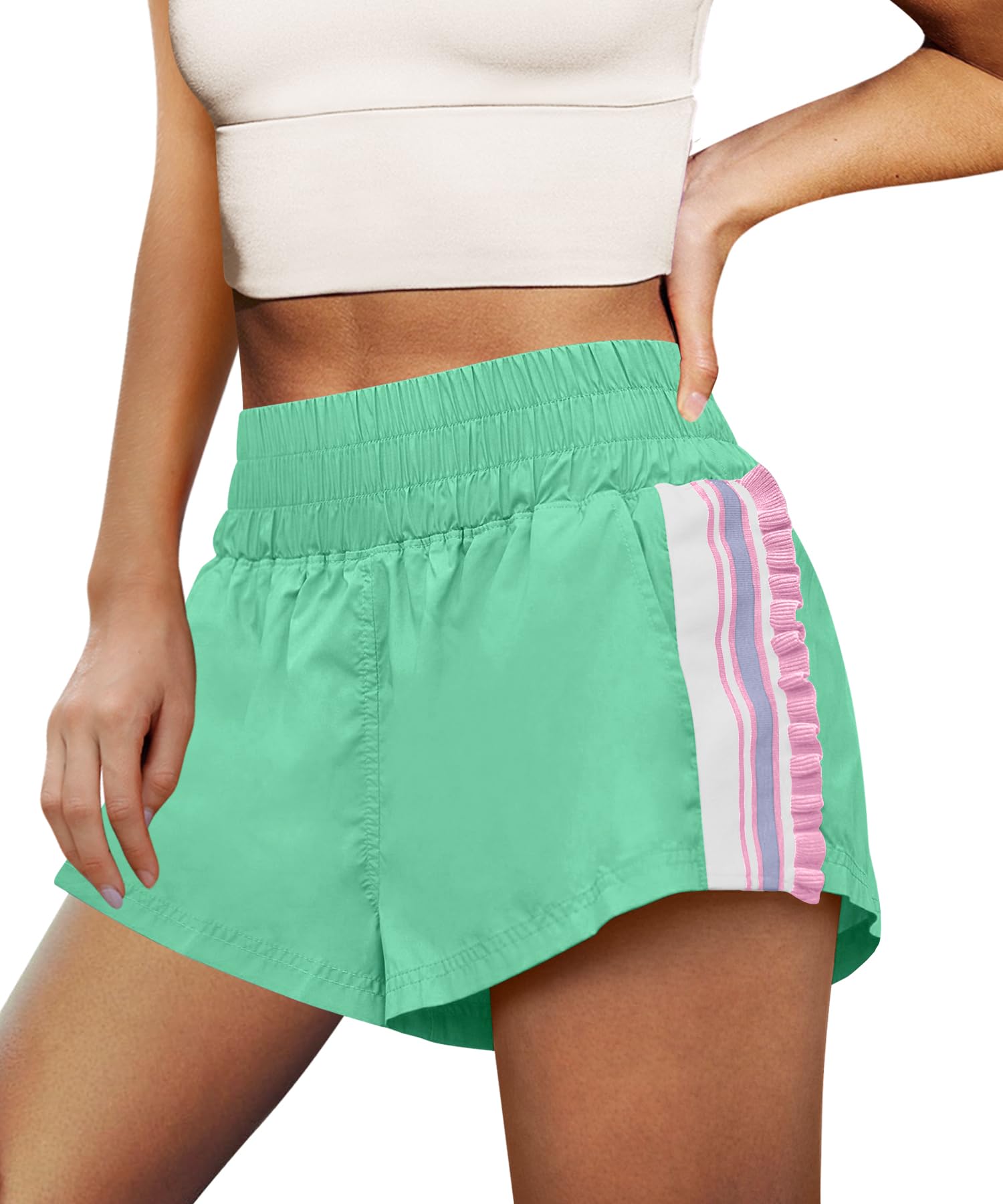 Shorts De Corrida Lamissche Athletic De Cintura Alta Para Mulheres, Verde Creme
