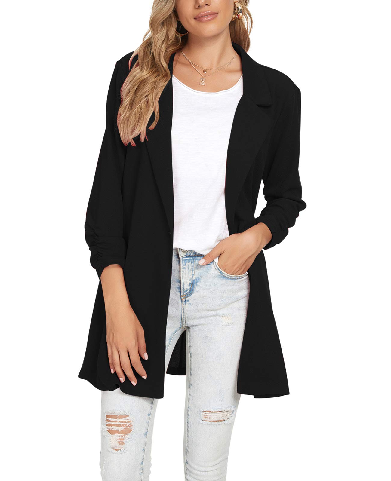 Blazer Feminino Unifizz, Franzido, Manga 3/4, Frente Aberta, Preto