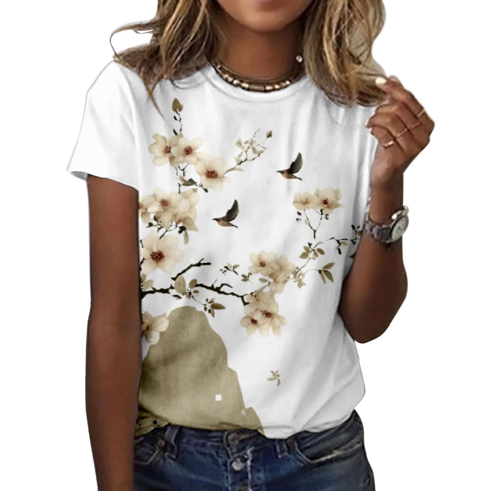 Camiseta Feminina Zocania Com Estampa Floral, Mistura De Algodão, Manga Curta
