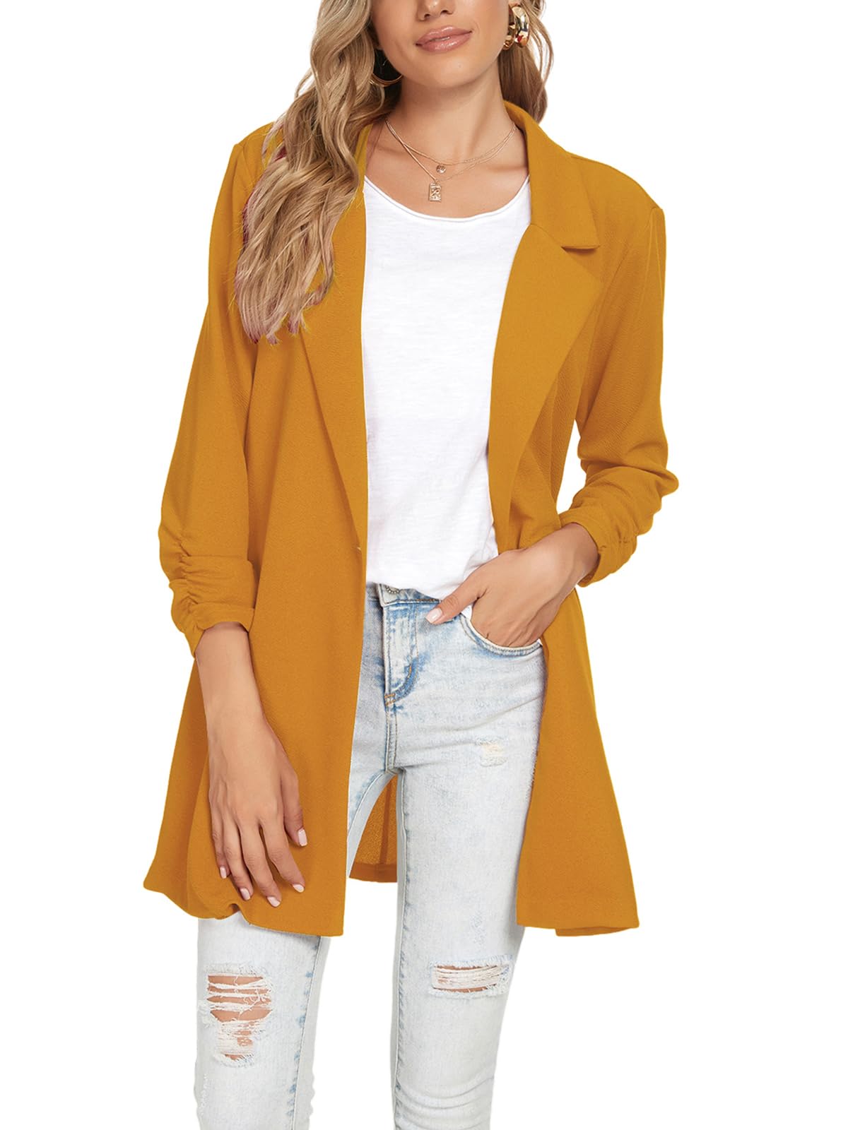 Blazer Unifizz Para Escritório De Trabalho Feminino Com Frente Aberta E Manga 3/4 - Amarelo
