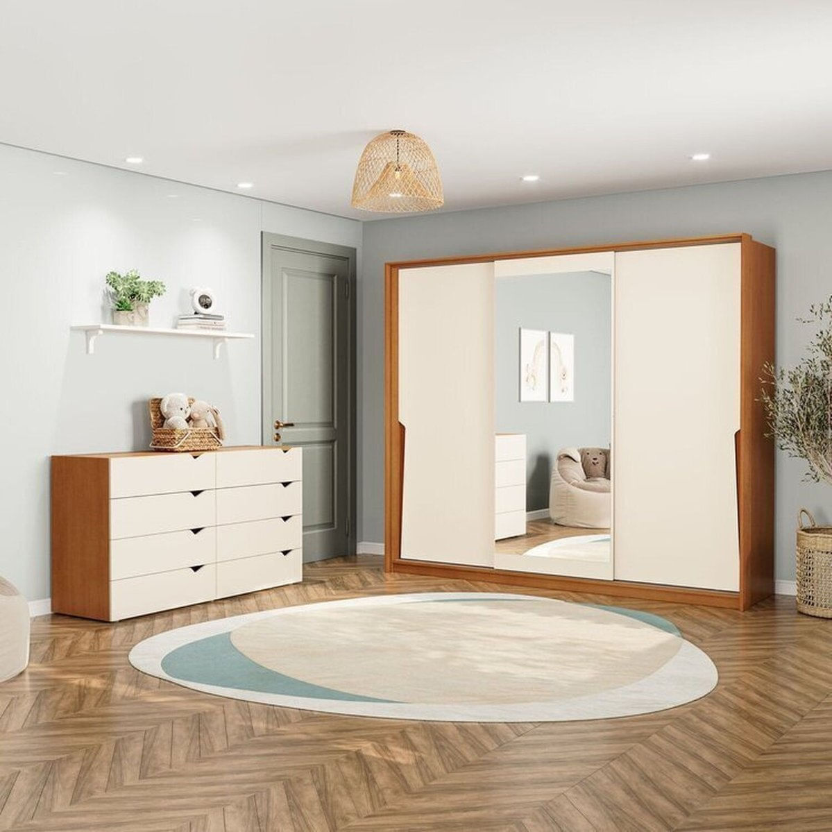 Conjunto Cômoda 8 Gavetas E Guarda-roupa Com Espelho E 3 Portas Porto Creme/freijó