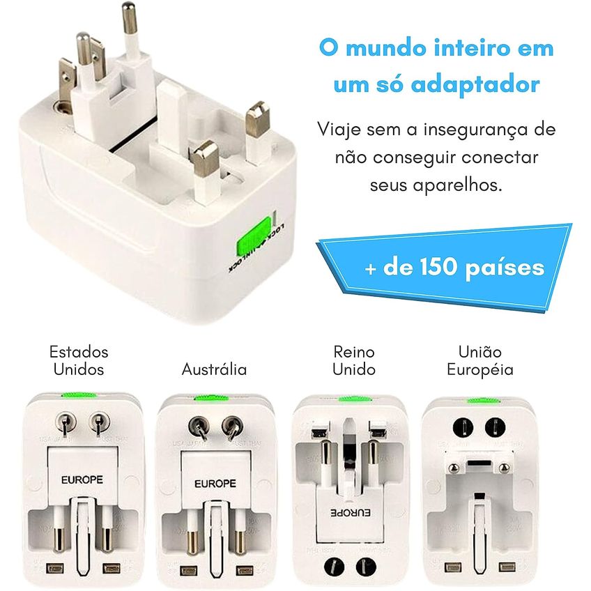 Adaptador Tomada Universal Viagem Internacional Uk Eua Europa Asia C/ 2 Usb Compatível Com Todos Os Países - imagem 4