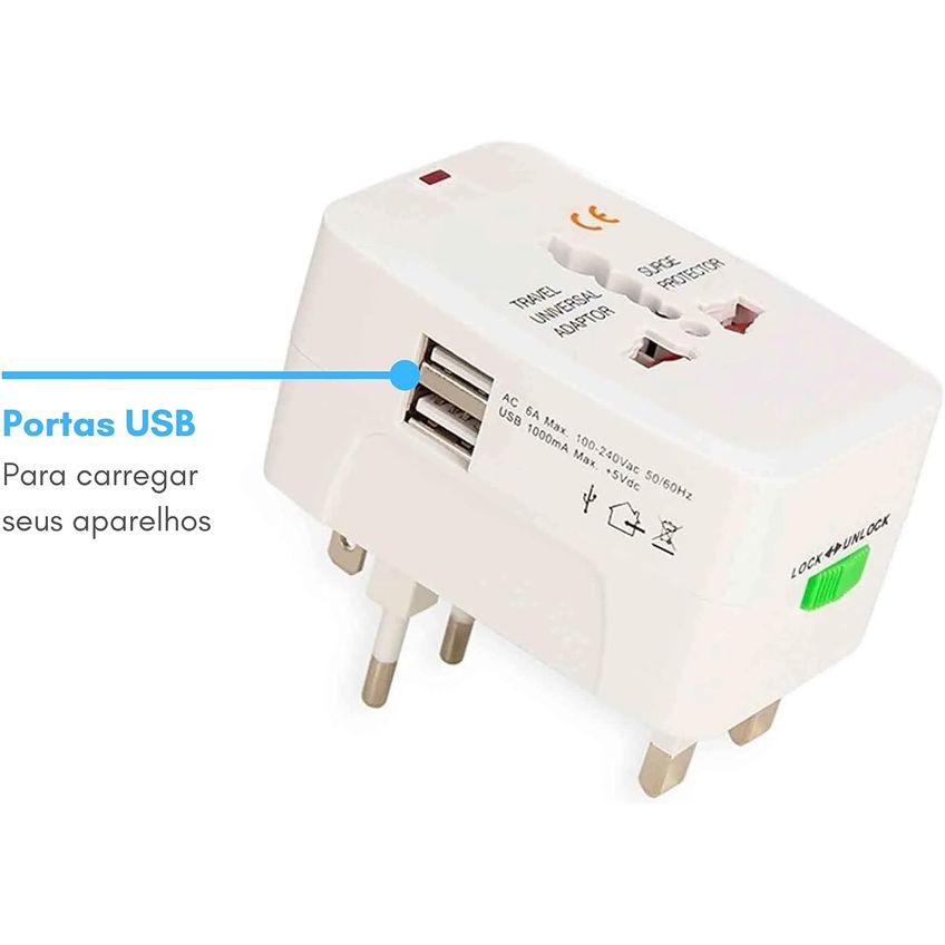 Adaptador Tomada Universal Viagem Internacional Uk Eua Europa Asia C/ 2 Usb Compatível Com Todos Os Países - imagem 5