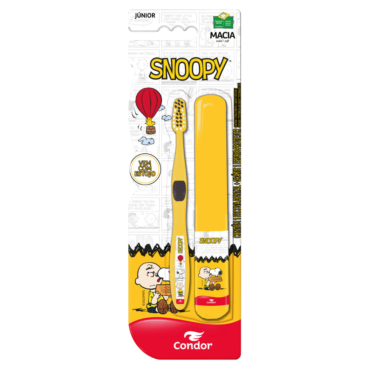 Escova Dental Macia Snoopy Condor Júnior Cabeça P Grátis Estojo Protetor
