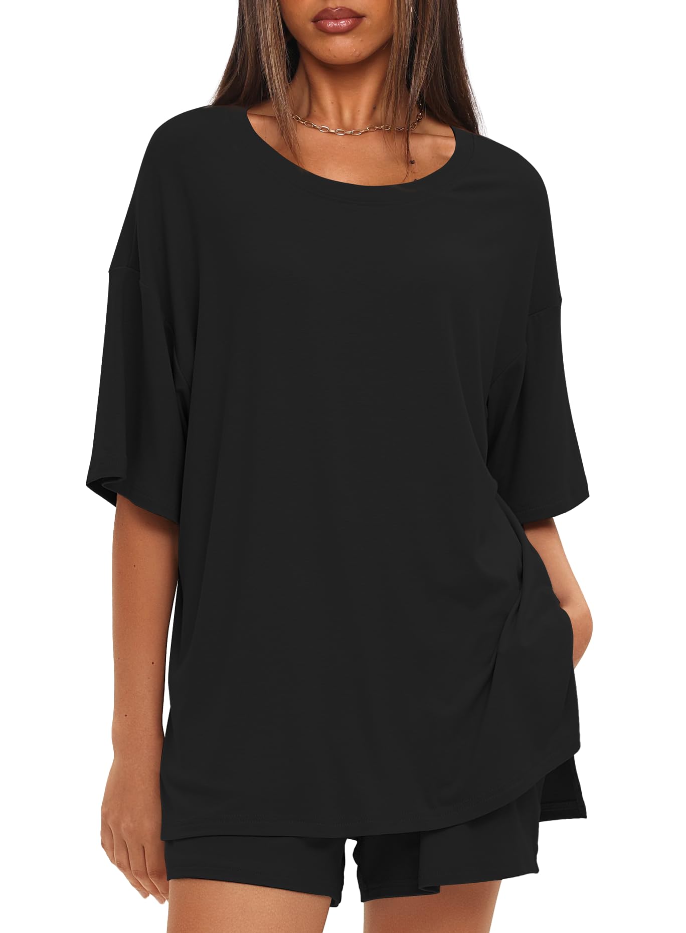 Conjunto De Lounge Feminino Darong De Manga Curta De 2 Peças, Preto, Gg