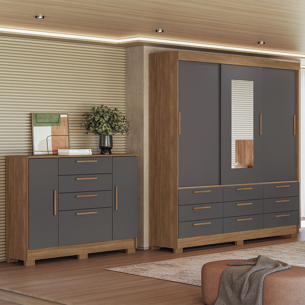 Quarto De Casal Com Guarda-roupas 3 Portas De Correr Com Espelho E Cômoda Dante Estilo Mm