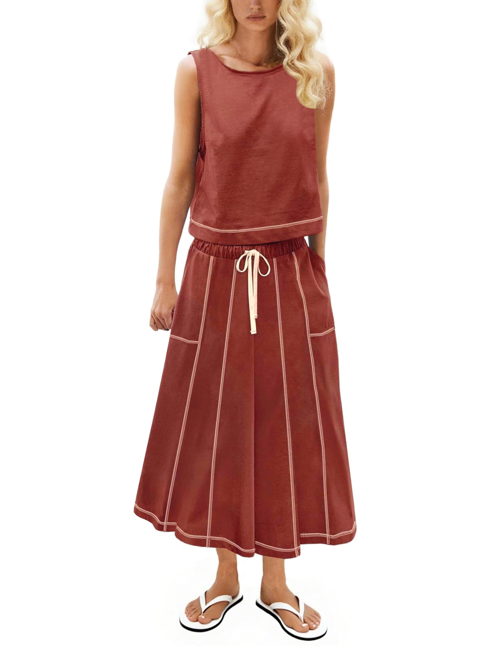 Conjunto De Saia Howalook Feminino De Algodão Sem Mangas Drapeado Rust