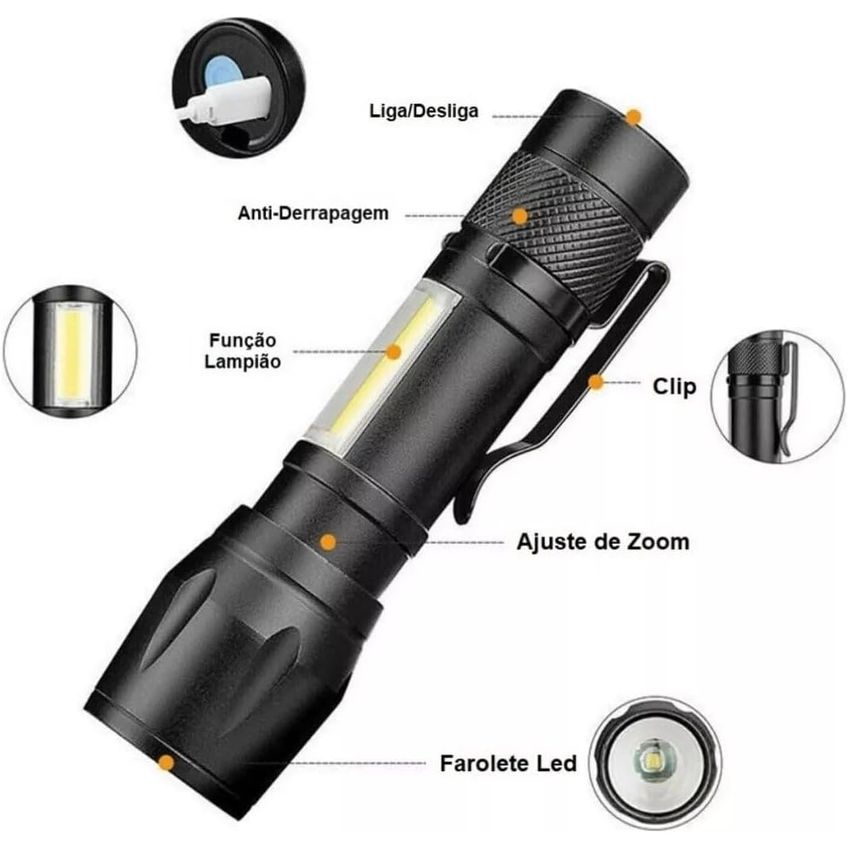 Mini Lanterna Led Xpe Original 100000 Lumens + Lampião Police Recarregável Usb Zoom Com Clip + Estojo + Cabo - imagem 3