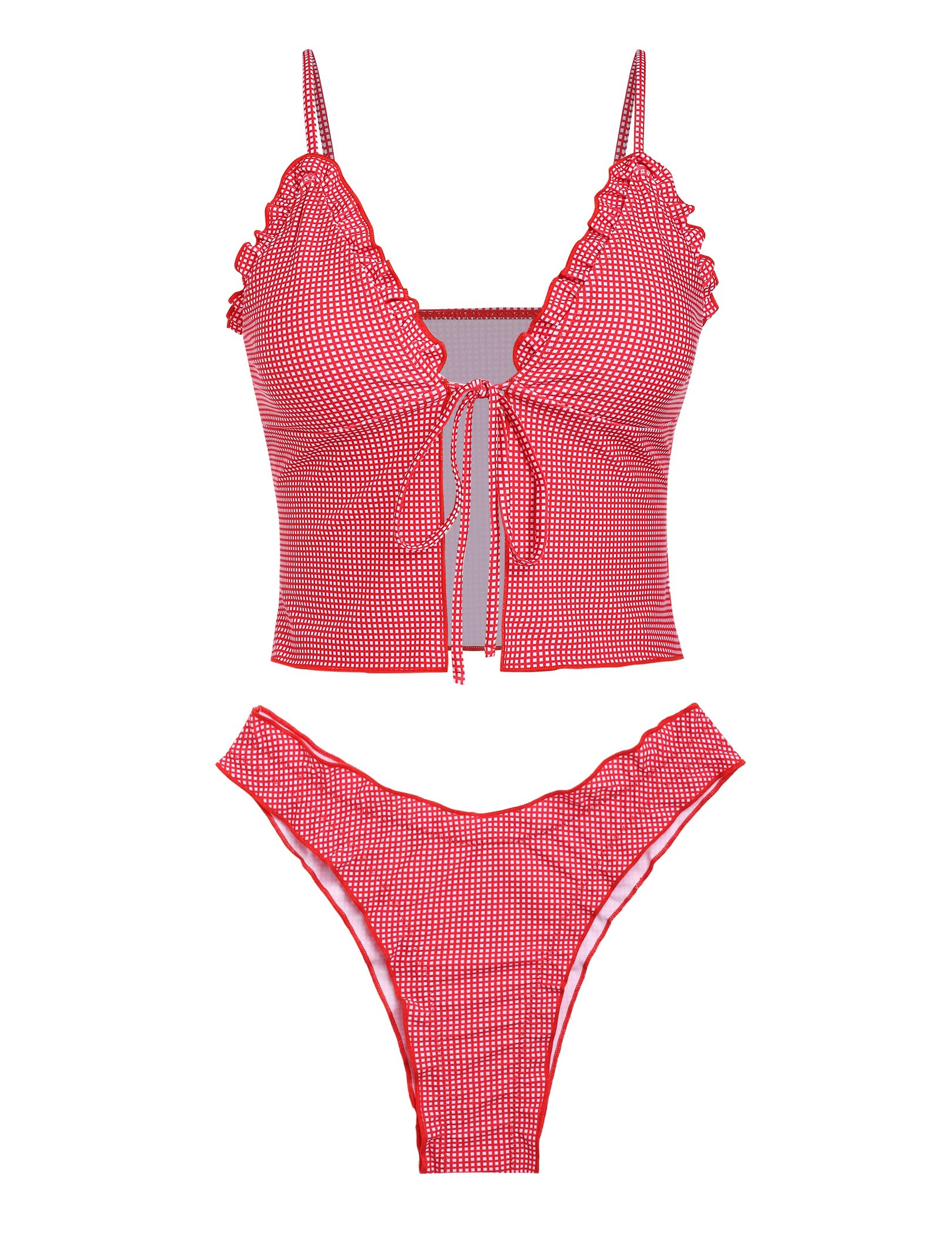 Conjunto De Biquíni Seamoly Tie Front Ruffle Swimsuit Red Gingham Para Mulheres