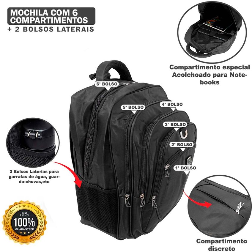 Mochila Masculina Feminina Unissex Faculdade Reforçada Viagem Impermeável Resistente Grande 62l Trabalho Escola Executiva Notebook Nylon - Cinza - imagem 5