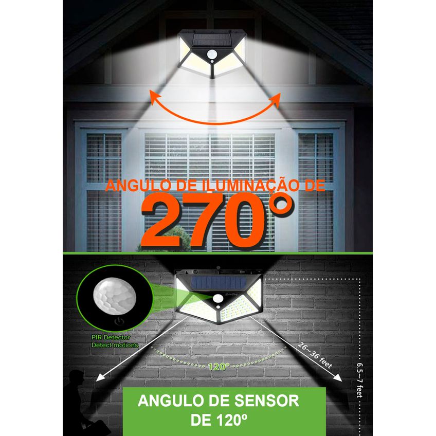 Luminária Solar De Parede Muro 100 Leds Com Sensor De Movimento Presença Bateria Lâmpada Luz À Prova D" Água Fotocélula - imagem 3