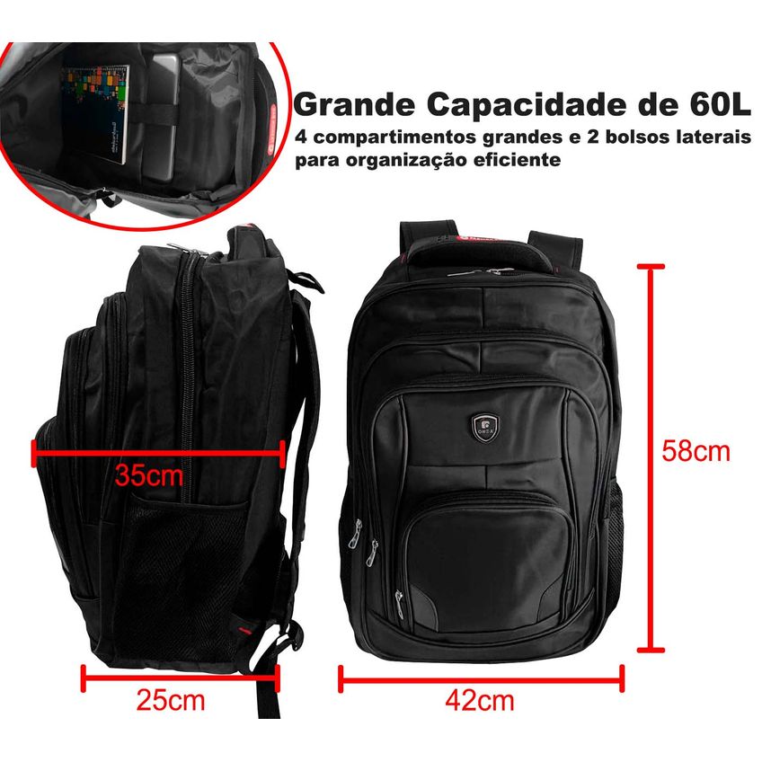 Mochila Masculina Feminina Unissex Grande Reforçada De Viagem 60 Litros Impermeável Prova D'água Executiva Notebook Trabalho Faculdade Escola Nylo - imagem 5