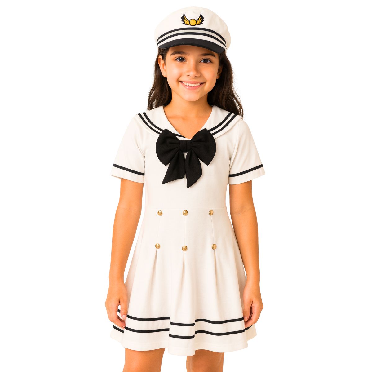 Vestido Fantasia Infantil Marinheiro Chapéu Festa Passeio - Branco - 6
