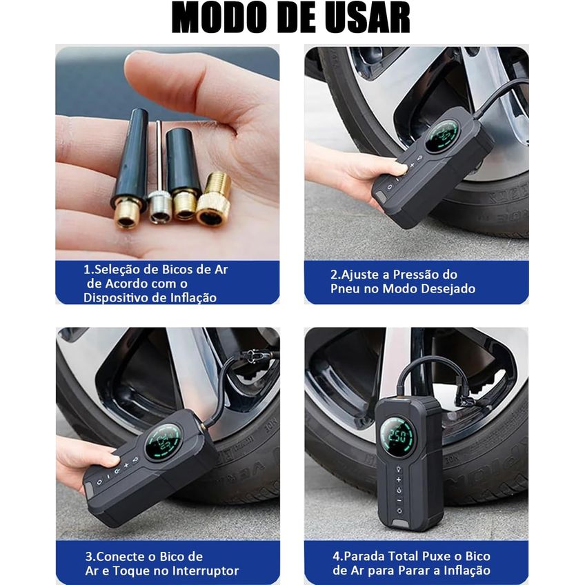 Bomba De Ar Portátil Inteligente Recarregável Automatico Digital, Calibrador Compressor De Ar De Encher Pneu +180psi - imagem 4