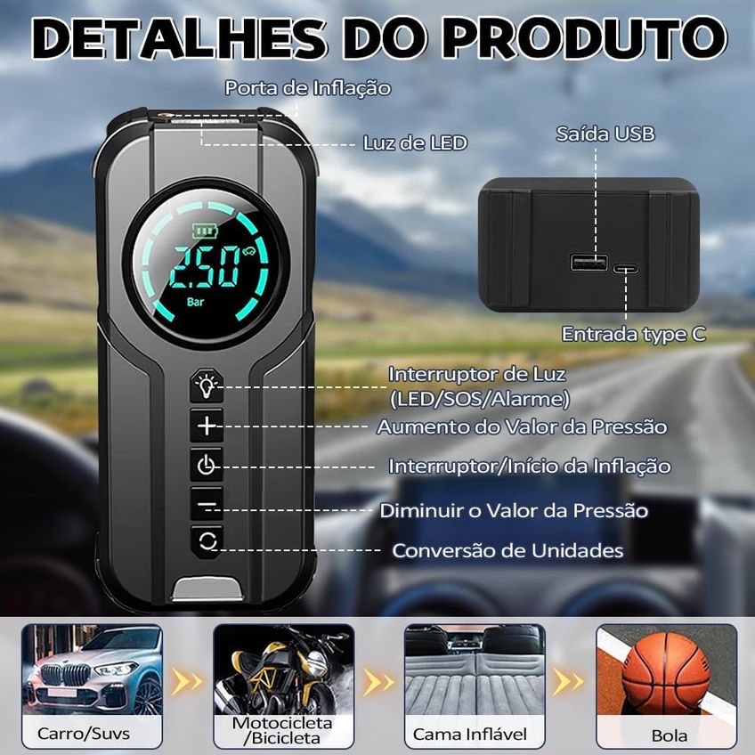Bomba De Ar Portátil Inteligente Recarregável Automatico Digital, Calibrador Compressor De Ar De Encher Pneu +180psi - imagem 5
