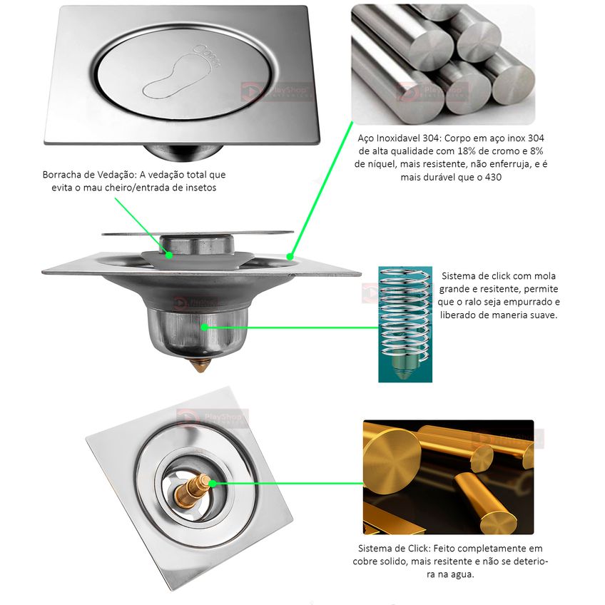 Novo Ralo Click Inteligente Em Aço Inox 304 Acabamento Quadrado Espelhado 10x10 Cm Com Tampa Abre E Fecha Oculto Cromado - imagem 3