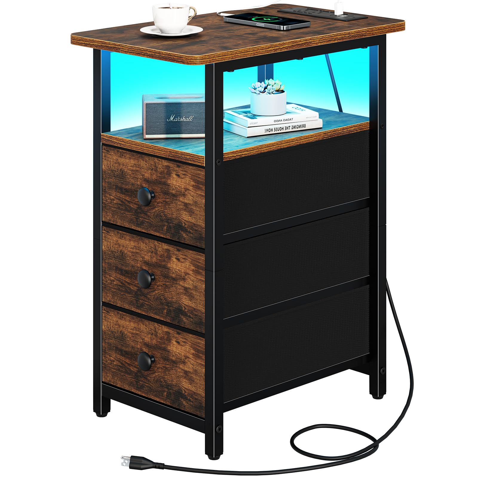 Mesa De Cabeceira Yoobure End Table Com Estação De Carregamento Led Marrom