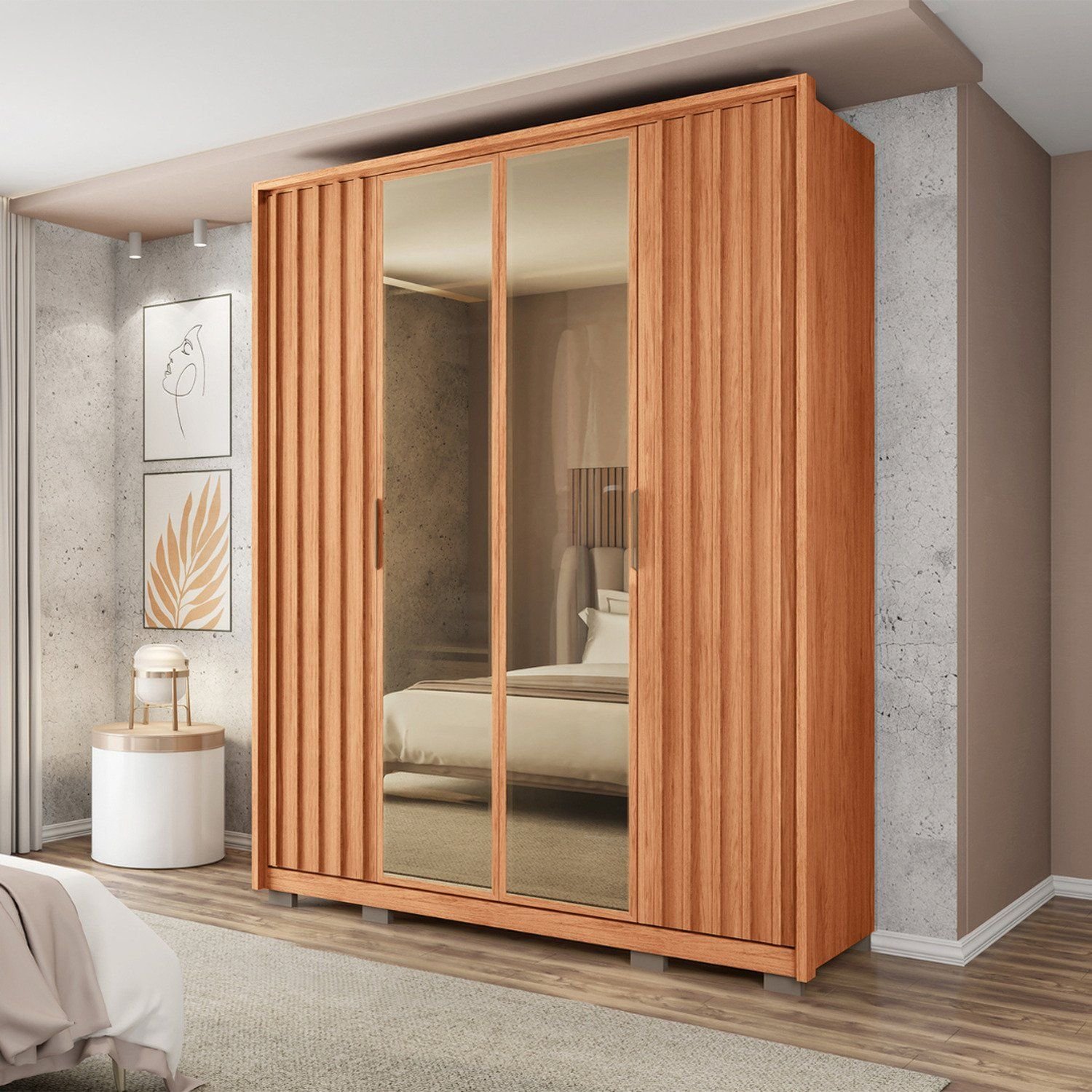 Guarda-roupa 4 Portas E 3 Gavetas Com Vidro Reflecta New Centurium Freijó