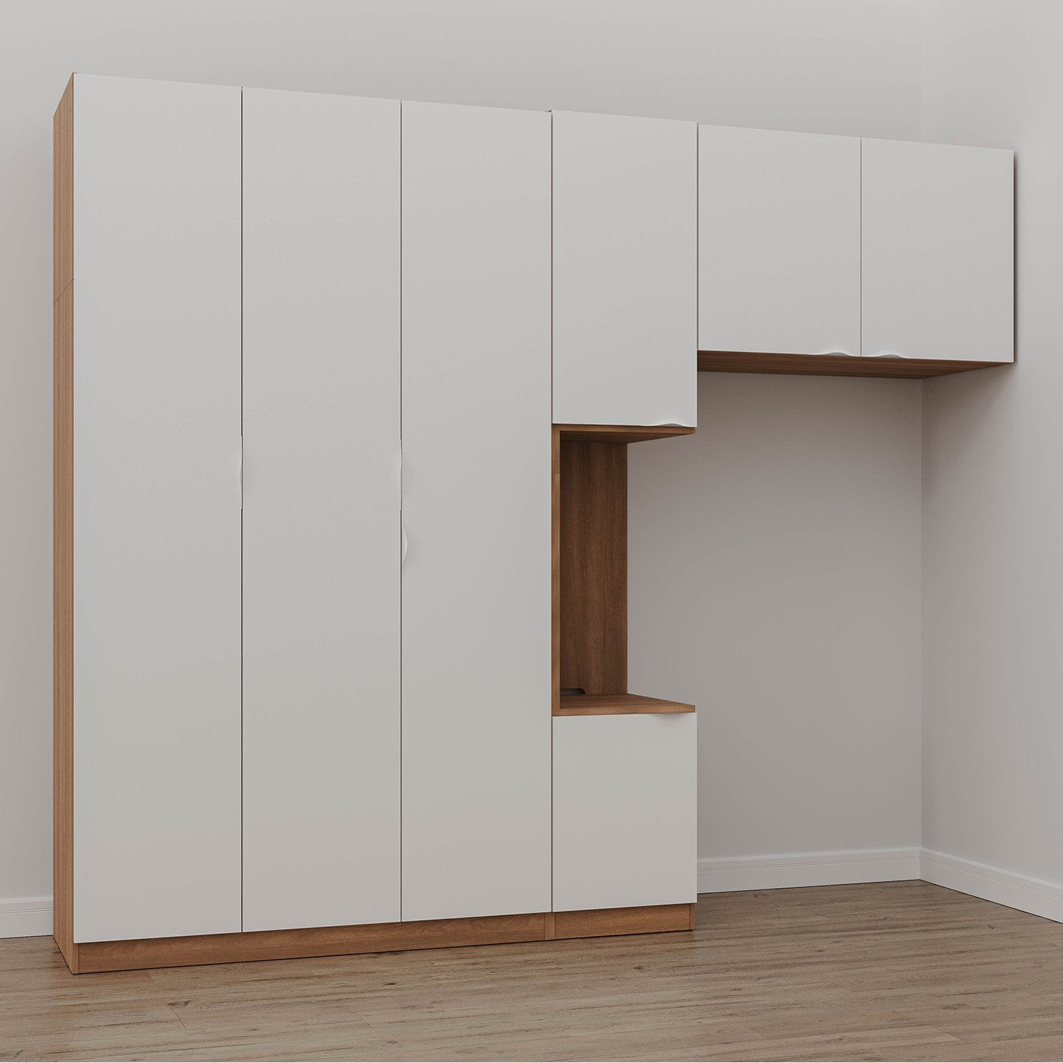 Guarda Roupa Modulado Solteiro Com Mesa De Cabeceira 7 Portas 3 Peças Hera Cabecasa Madeiramadeira Louro/branco Geada/cromado