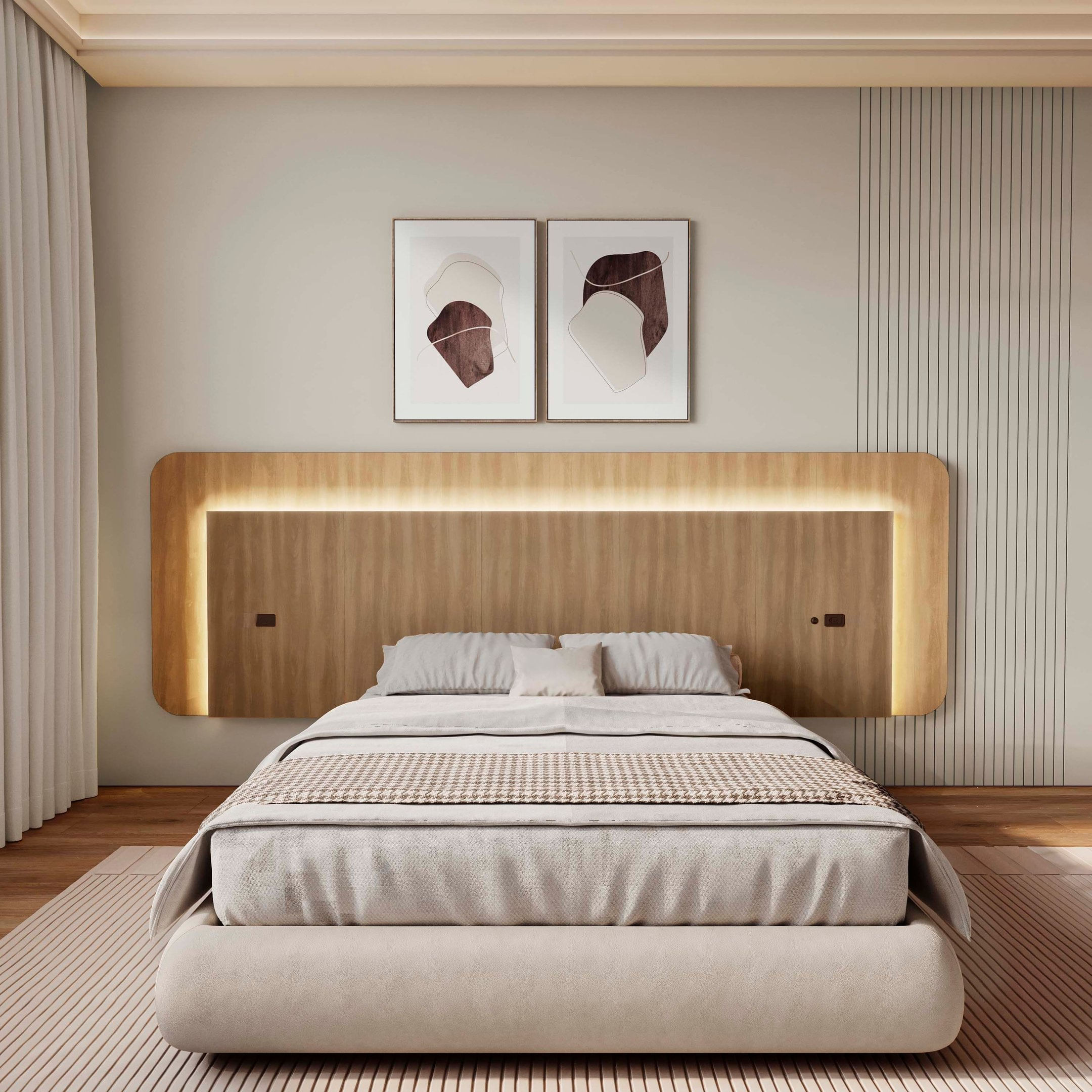 Cabeceira Casal Queen 272cm Com Led 3000k E Tomadas 100% Mdf Padrão Planejados Mabel Louro Freijó Grann