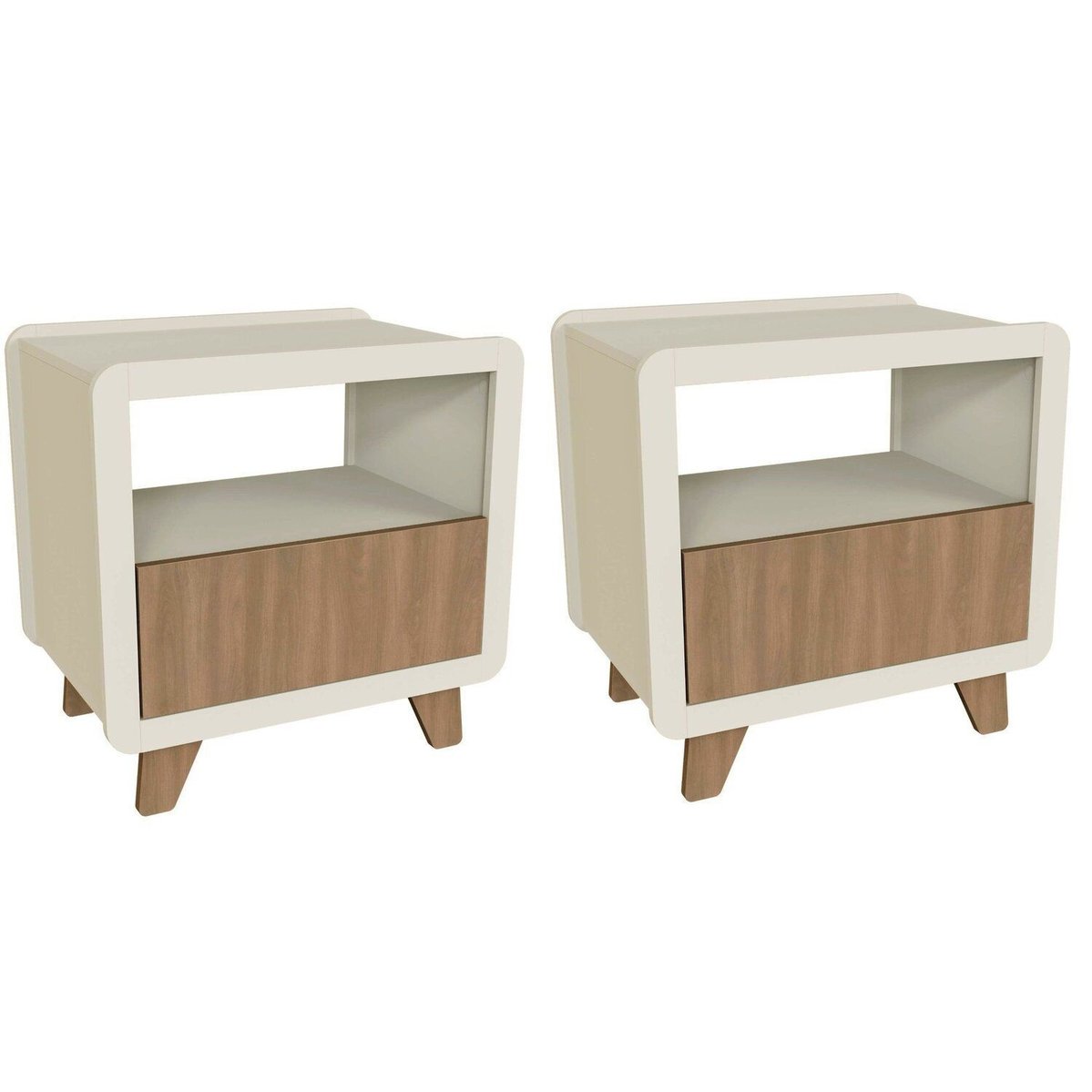 Conjunto 2 Mesas De Cabeceira 55cm Com Gaveta E Nicho 100% Mdf Padrão Planejados Mabel Off White / Louro Freijó Grann
