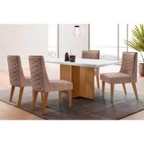 Sala De Jantar Completa Berlim C/ Tampo Madeirado C/ Vidro Canto Curvo 120x80cm E 4 Cadeiras Dafne Naturale/off White - Linho Capuccino - Rufato