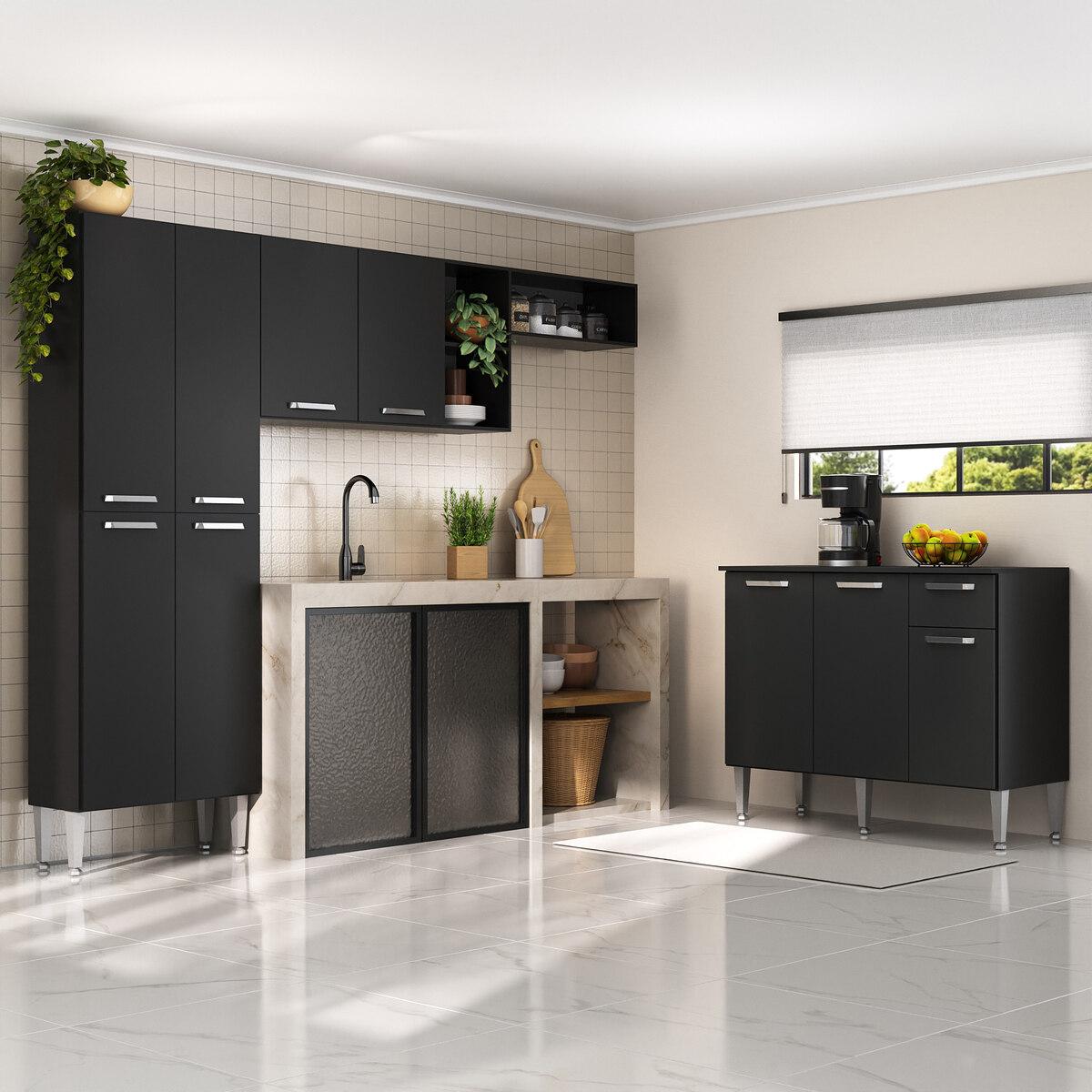 Armário De Cozinha Compacta Modulada Versatile Multimóveis Mp2302 C/ Balcão E Paneleiro Preto