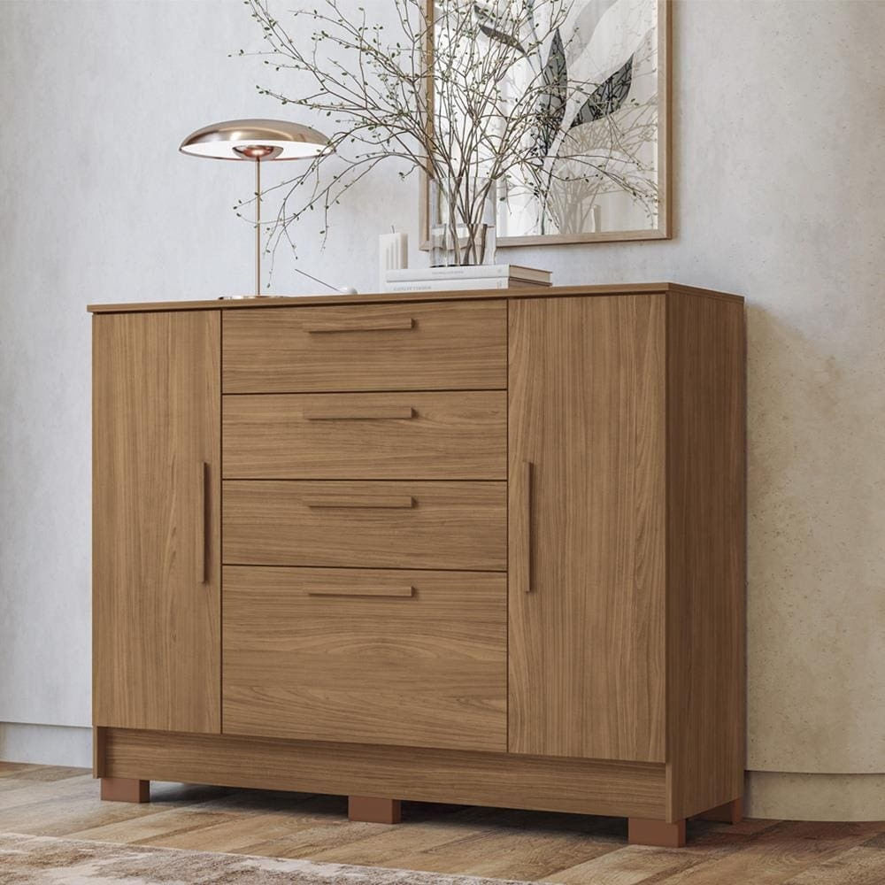 Cômoda Santos Andirá Pinhais Com 2 Portas, 4 Gavetas, 1 Prateleira, 1 Cabideiro 130,2cm De Largura