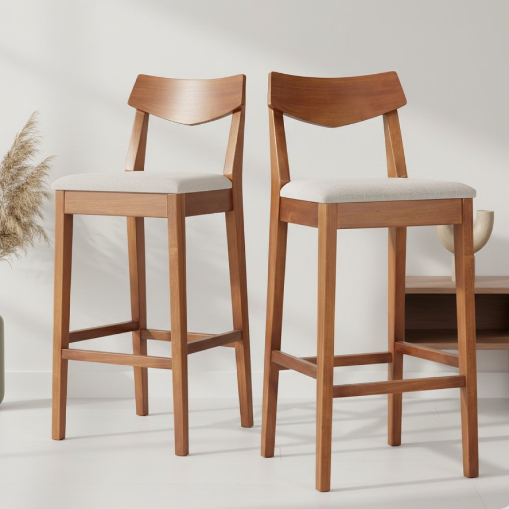 Kit 2 Banquetas De Madeira Maciça Loop Linho Marrom