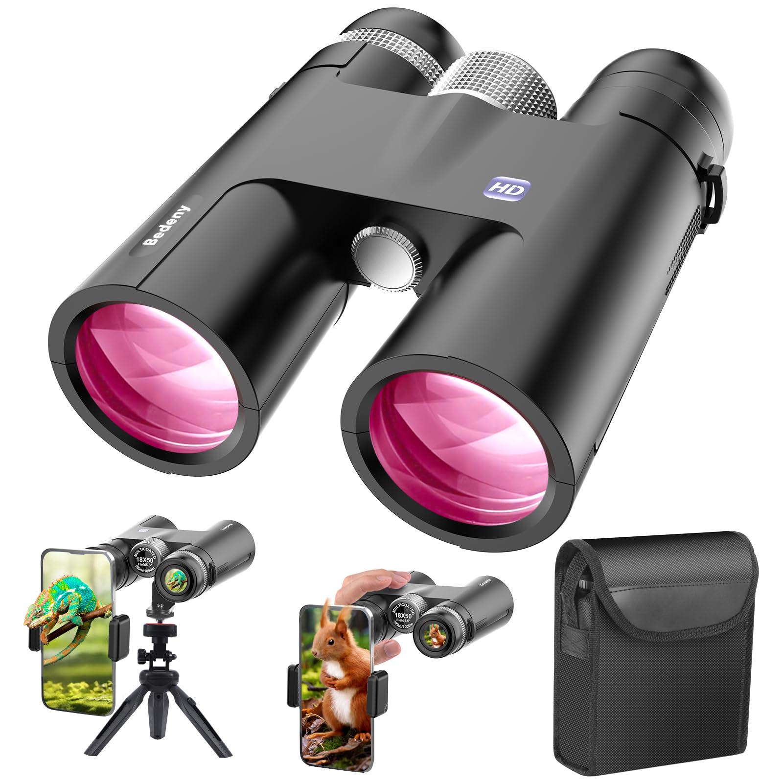 Binóculos Bedney 18x50 Hd Com Adaptador De Telefone, Tripé E Estojo