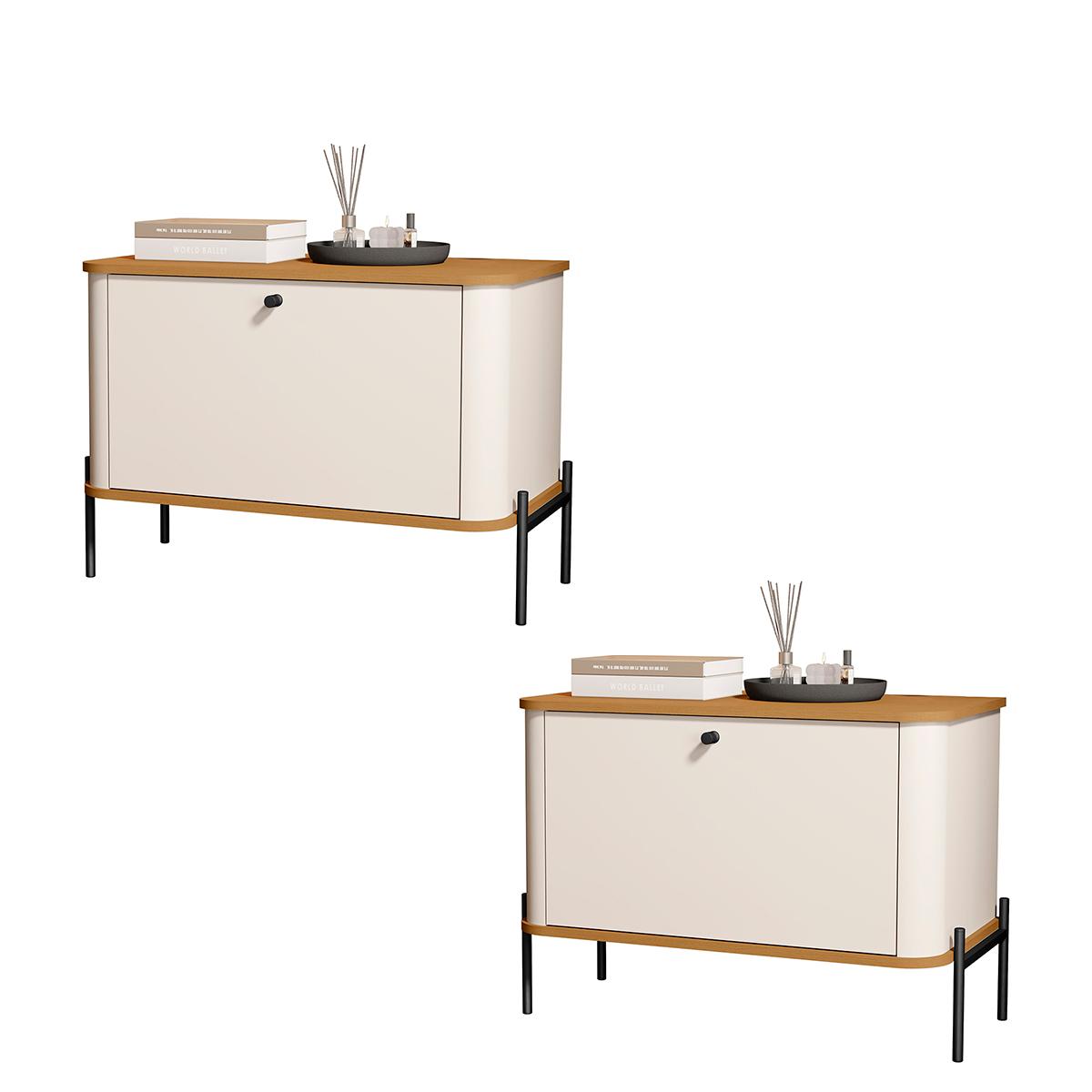 Kit 2 Mesa De Cabeceira Quarto Tucupí 1 Porta E Pés De Metal Off White/nature/preto