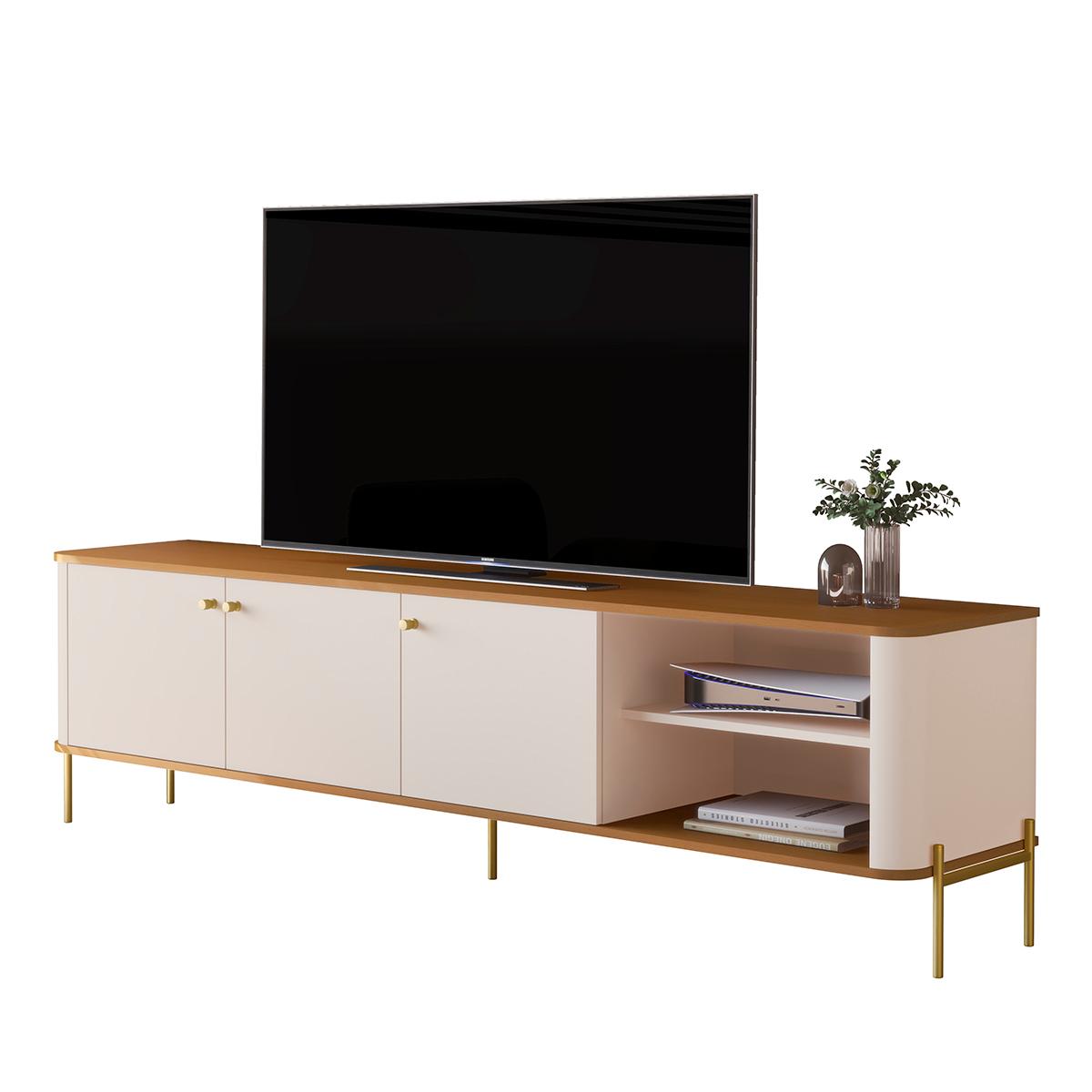 Rack Bancada Tucupí 180cm Para Tv Até 75" Com Pés De Metal Off White/nature/dourado