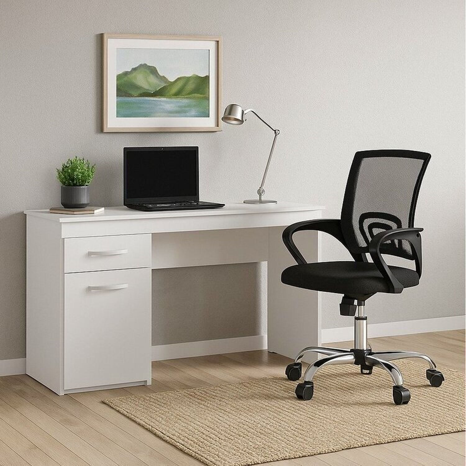 Kit 2 Peças Escrivaninha Vitória Com Cadeira Escritório Diretor Tela Mesh Tok Branco/preto