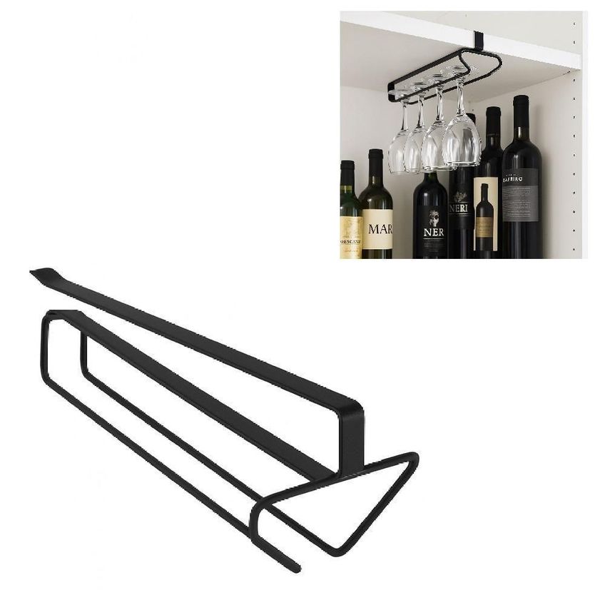 Organizador Taças Copos Suporte Suspenso Encaixe Prateleira Bar Cozinha Adega Preto - imagem 2