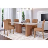 Conjunto: Mesa De Cozinha Ester Tampo Madeirado Oval C/ Vidro 210x100cm E 6 Cadeiras Juliana Cinamomo/off White - Carvalho/suede Nude Bege - Cimol