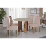 Conjunto: Mesa De Cozinha Flora Tampo Madeirado C/ Vidro 109cm E 4 Cadeiras Fernanda Cinamomo/off White - Carvalho/suede Nude Bege - Cimol