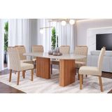 Conjunto: Mesa De Cozinha Ester Tampo Madeirado Oval C/ Vidro 210x100cm E 6 Cadeiras Paola Cinamomo/off White - Carvalho/linho Bege - Cimol