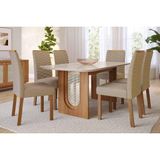Conjunto: Mesa De Cozinha Valentina Tampo Madeirado C/ Vidro 180x90cm E 6 Cadeiras Clarice Cinamomo/off White - Carvalho/linho Bege - Cimol