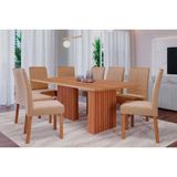 Conjunto: Mesa Sala Jantar Ester Tampo Madeirado 210x100cm E 8 Cadeiras Clarice Cinamomo - Carvalho/linho Bege - Cimol