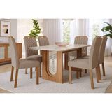 Conjunto: Mesa De Cozinha Valentina Tampo Madeirado C/ Vidro 180x90cm E 6 Cadeiras Paola Cinamomo/off White - Carvalho/linho Bege - Cimol