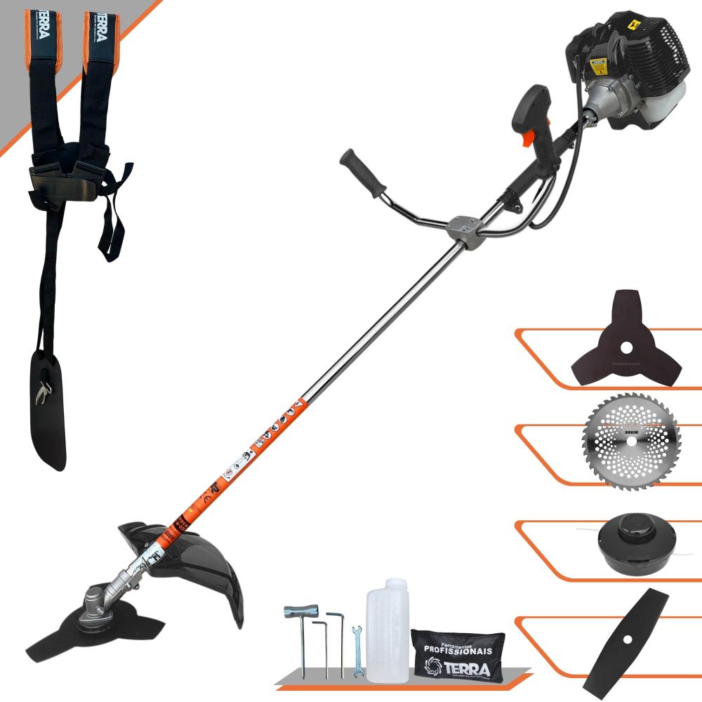 Roçadeira À Gasolina Terra Grh430 43cc 1,7hp Alta Performance Com 4 Opções De Corte Com Carretel + Faca 2 Pontas + Faca 3 Pontas + Faca 40 Dentes